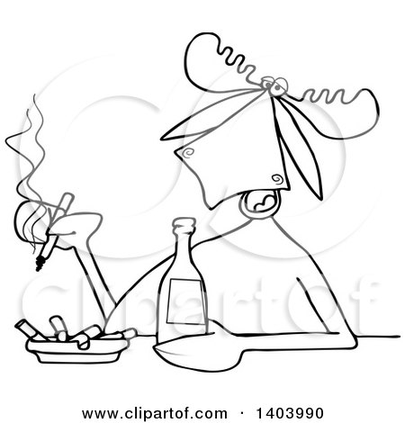 Clipart of a Cartoon Black and White Lineart Moose Smoking and Drinking a Beer - Royalty Free Vector Illustration by djart