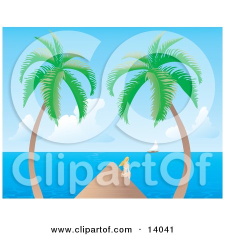 Pretty Young Blond Woman in a White Bikini, Sitting on the Edge of a Dock Between Two Palm Trees and Watching a Sailboat on the Horizon Posters, Art Prints