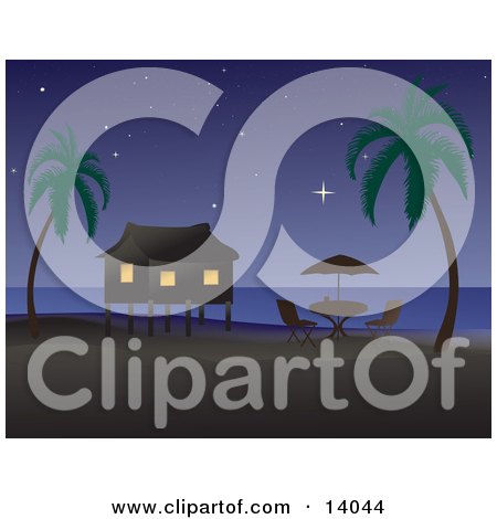 Night Time Tropical Beach Scene of a Table With an Umbrella Near a Vacation Hut on Stilts Under the Stars on an Island With Palm Trees Clipart Illustration by Rasmussen Images
