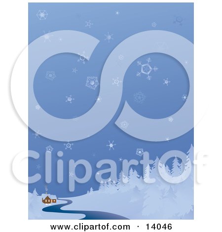 Snowflakes Falling Over a Remote Cabin on a River Near a Forest in the Winter Clipart Illustration by Rasmussen Images