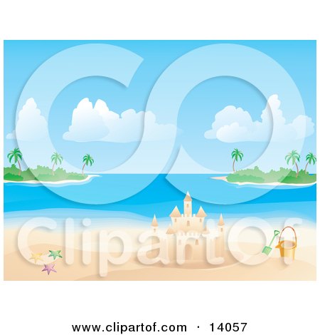 Colorful Starfish By A Sand Castle And Pail On A Tropical Beach With White Sands And Two Islands In The Distance Clipart Illustration by Rasmussen Images