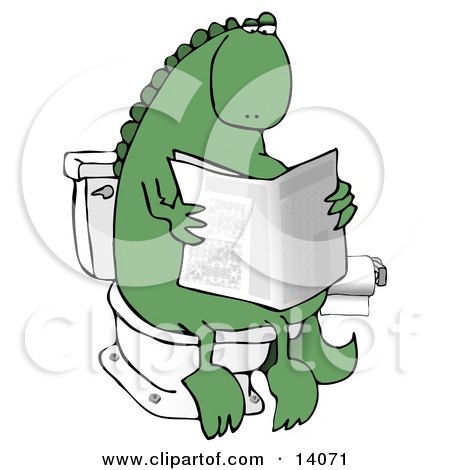 Green Dino Sitting on a Toilet and Reading a Newspaper in a Bathroom Clipart Illustration by djart