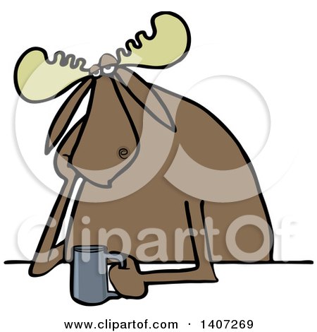 Clipart of a Cartoon Depressed or Tired Moose Sitting with a Cup of Coffee - Royalty Free Vector Illustration by djart