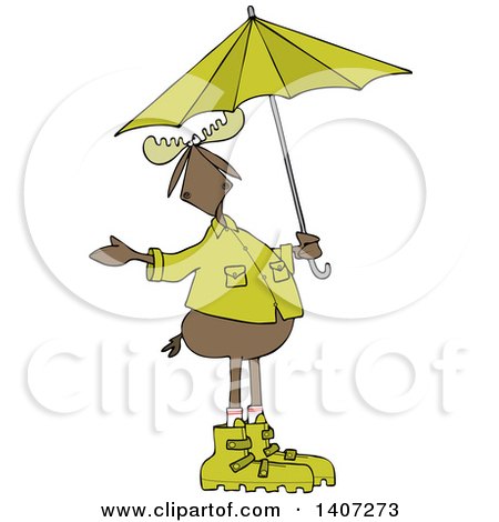 Clipart of a Cartoon Moose in Rain Gear, Holding an Umbrella - Royalty Free Vector Illustration by djart