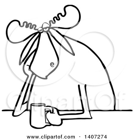Clipart of a Cartoon Black and White Lineart Depressed or Tired Moose Sitting with a Cup of Coffee - Royalty Free Vector Illustration by djart