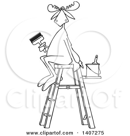 Clipart of a Cartoon Black and White Lineart Painter Moose Sitting on a Ladder and Holding a Brush - Royalty Free Vector Illustration by djart