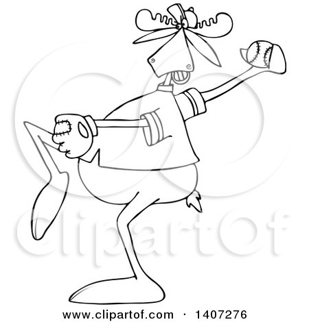 Clipart of a Cartoon Black and White Lineart Athletic Baseball Player Moose Pitching - Royalty Free Vector Illustration by djart