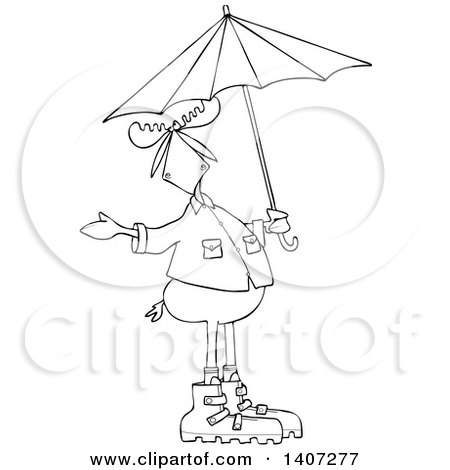 Clipart of a Cartoon Black and White Lineart Moose in Rain Gear, Holding an Umbrella - Royalty Free Vector Illustration by djart