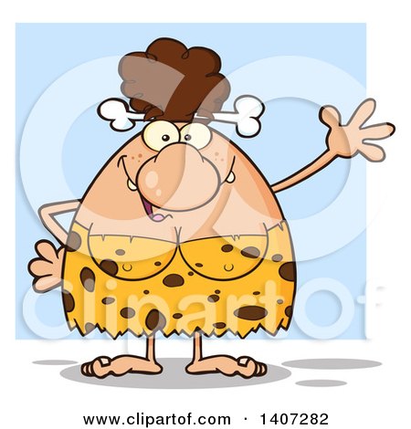 Clipart of a Brunette Cave Woman Waving, over Blue - Royalty Free Vector Illustration by Hit Toon