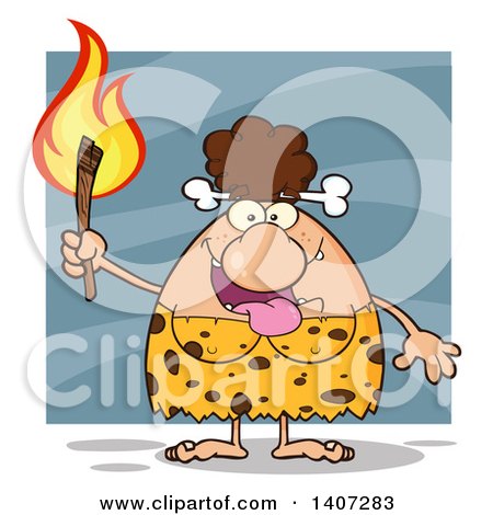 Clipart of a Brunette Cave Woman Holding a Torch, over Blue - Royalty Free Vector Illustration by Hit Toon