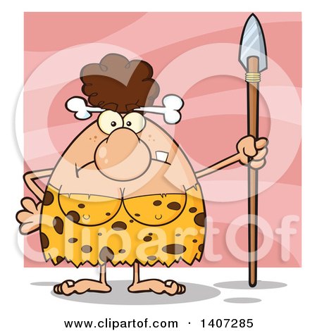Clipart of a Mad Brunette Cave Woman Holding a Spear, on Pink - Royalty Free Vector Illustration by Hit Toon