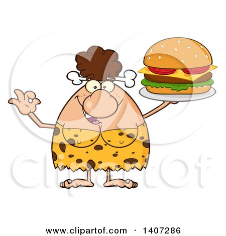 Clipart of a Brunette Cave Woman Gesturing Ok and Serving a Cheeseburger - Royalty Free Vector Illustration by Hit Toon