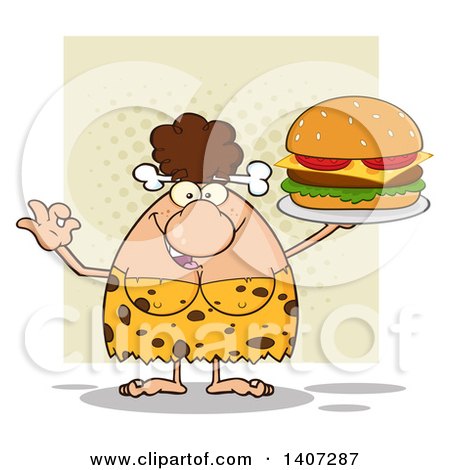 Clipart of a Brunette Cave Woman Gesturing Ok and Serving a Cheeseburger, on Green - Royalty Free Vector Illustration by Hit Toon