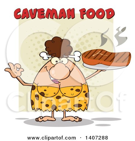 Clipart of a Brunette Cave Woman Gesturing Ok and Holding a Grilled Steak, on Green - Royalty Free Vector Illustration by Hit Toon