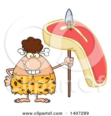 Clipart of a Brunette Cave Woman Holding a Raw Steak on a Spear - Royalty Free Vector Illustration by Hit Toon