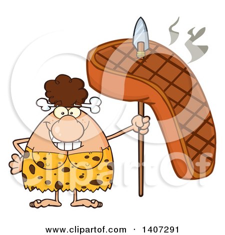 Clipart of a Brunette Cave Woman Holding a Grilled Steak on a Spear - Royalty Free Vector Illustration by Hit Toon