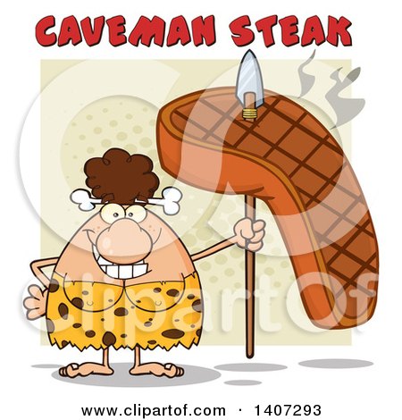 Clipart of a Brunette Cave Woman Holding a Grilled Steak on a Spear, on Green - Royalty Free Vector Illustration by Hit Toon