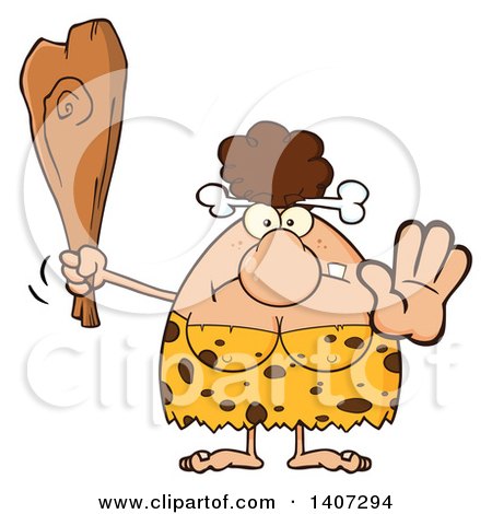 Clipart of a Mad Brunette Cave Woman Holding a Club and Gesturing to Stop - Royalty Free Vector Illustration by Hit Toon