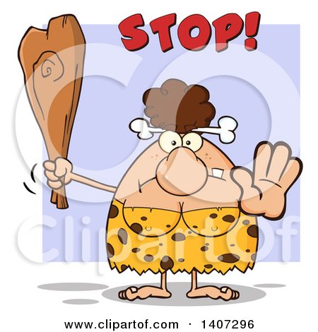 Clipart of a Mad Brunette Cave Woman Holding a Club and Gesturing to Stop, on Purple - Royalty Free Vector Illustration by Hit Toon