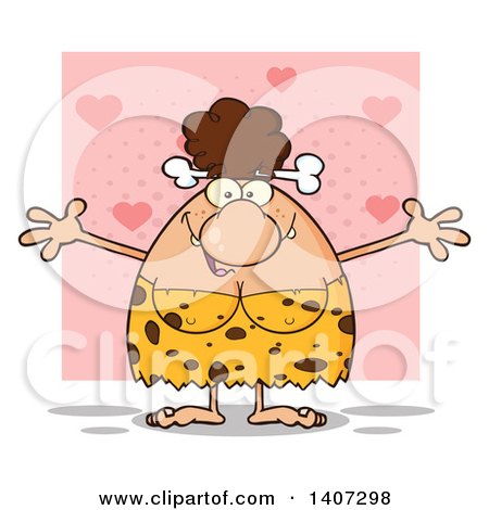 Clipart of a Loving Brunette Cave Woman with Open Arms, on Pink - Royalty Free Vector Illustration by Hit Toon