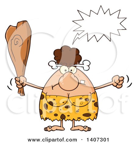 Clipart of a Mad Brunette Cave Woman Waving a Fist and Club - Royalty Free Vector Illustration by Hit Toon