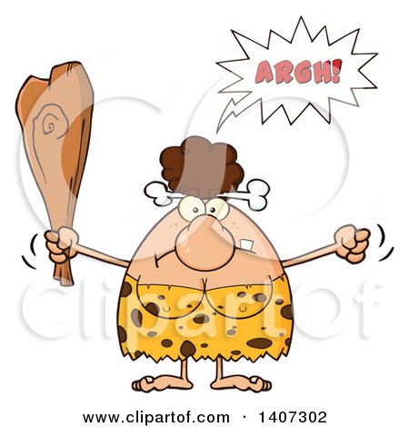 Clipart of a Mad Brunette Cave Woman Waving a Fist and Club - Royalty Free Vector Illustration by Hit Toon