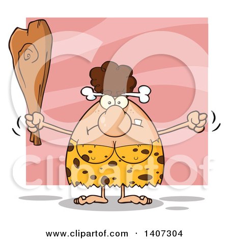 Clipart of a Mad Brunette Cave Woman Waving a Fist and Club, on Pink - Royalty Free Vector Illustration by Hit Toon