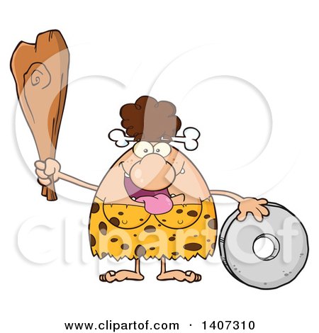 Clipart of a Brunette Cave Woman with a Stone Wheel and Club - Royalty Free Vector Illustration by Hit Toon