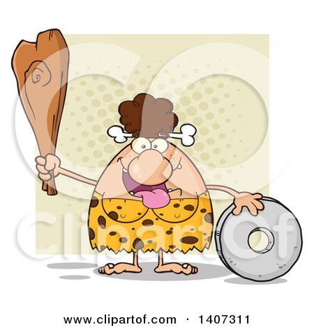 Clipart of a Brunette Cave Woman with a Stone Wheel and Club, on Tan - Royalty Free Vector Illustration by Hit Toon
