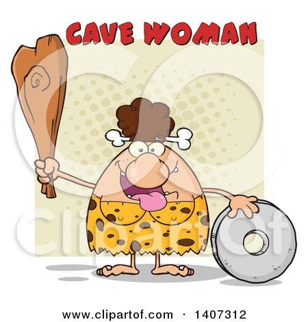 Clipart of a Brunette Cave Woman with a Stone Wheel and Club, on Tan - Royalty Free Vector Illustration by Hit Toon