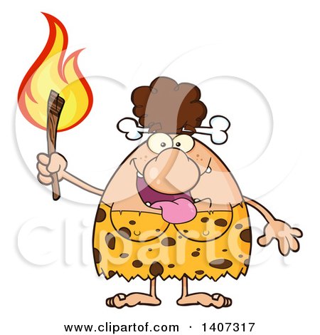 Clipart of a Brunette Cave Woman Holding a Torch - Royalty Free Vector Illustration by Hit Toon