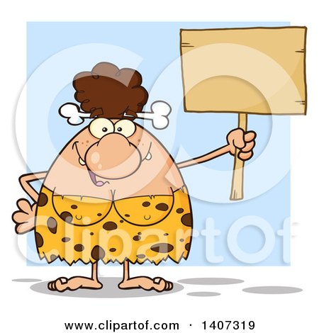 Clipart of a Brunette Cave Woman Holding a Blank Sign, on Blue - Royalty Free Vector Illustration by Hit Toon