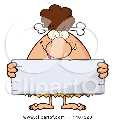 Clipart of a Brunette Cave Woman Holding a Blank Stone Sign - Royalty Free Vector Illustration by Hit Toon