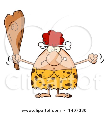 Clipart of a Mad Red Haired Cave Woman Waving a Fist and Club - Royalty Free Vector Illustration by Hit Toon