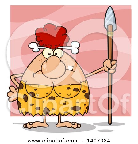 Clipart of a Mad Red Haired Cave Woman Holding a Spear, on Pink - Royalty Free Vector Illustration by Hit Toon