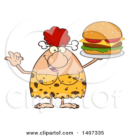 Clipart of a Red Haired Cave Woman Gesturing Ok and Serving a Cheeseburger - Royalty Free Vector Illustration by Hit Toon