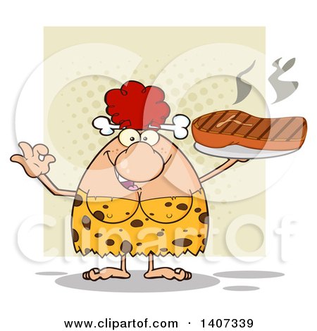 Clipart of a Red Haired Cave Woman Gesturing Ok and Holding a Grilled Steak, on Green - Royalty Free Vector Illustration by Hit Toon