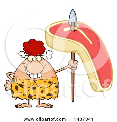 Clipart of a Red Haired Cave Woman Holding a Raw Steak on a Spear - Royalty Free Vector Illustration by Hit Toon
