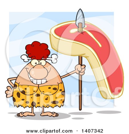 Clipart of a Red Haired Cave Woman Holding a Raw Steak on a Spear, on Blue - Royalty Free Vector Illustration by Hit Toon