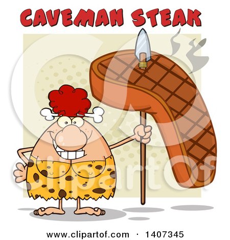 Clipart of a Red Haired Cave Woman Holding a Grilled Steak on a Spear, on Green - Royalty Free Vector Illustration by Hit Toon