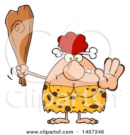 Clipart of a Mad Red Haired Cave Woman Holding a Club and Gesturing to Stop - Royalty Free Vector Illustration by Hit Toon