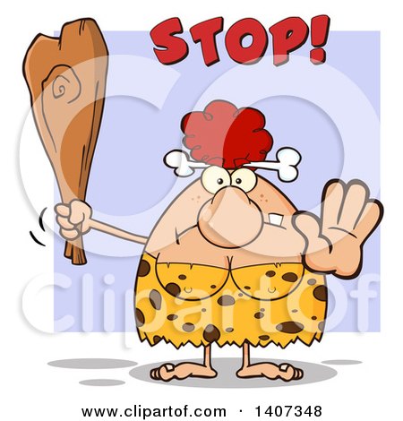 Clipart of a Mad Red Haired Cave Woman Holding a Club and Gesturing to Stop, on Purple - Royalty Free Vector Illustration by Hit Toon