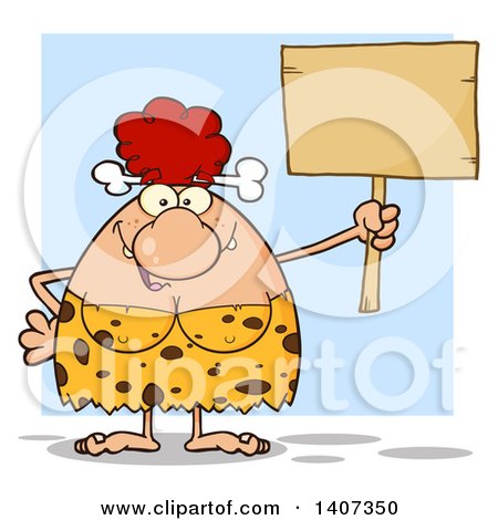 Clipart of a Red Haired Cave Woman Holding a Blank Sign, on Blue - Royalty Free Vector Illustration by Hit Toon
