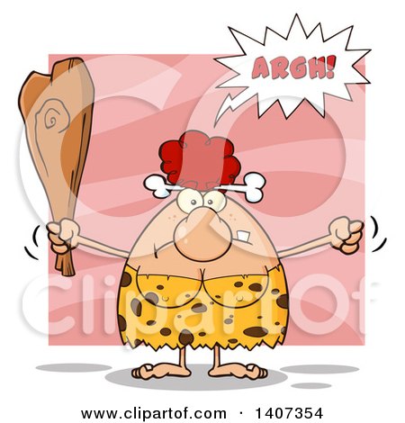 Clipart of a Mad Red Haired Cave Woman Waving a Fist and Club, on Pink - Royalty Free Vector Illustration by Hit Toon