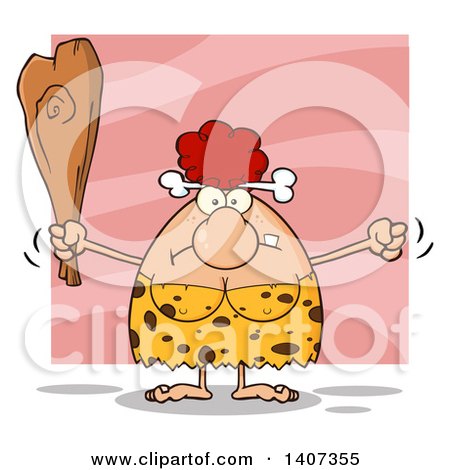 Clipart of a Mad Red Haired Cave Woman Waving a Fist and Club, on Pink - Royalty Free Vector Illustration by Hit Toon