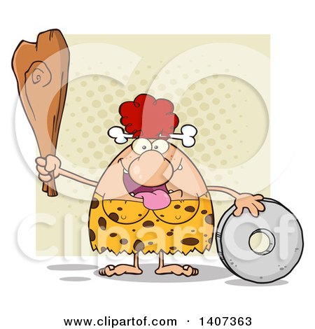 Clipart of a Red Haired Cave Woman with a Stone Wheel and Club, on Tan - Royalty Free Vector Illustration by Hit Toon