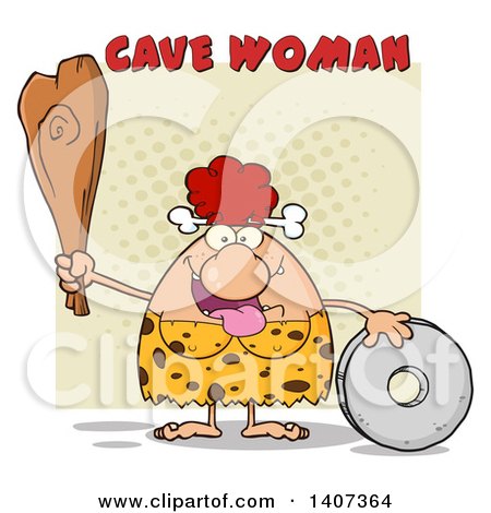 Clipart of a Red Haired Cave Woman with a Stone Wheel and Club, on Tan - Royalty Free Vector Illustration by Hit Toon