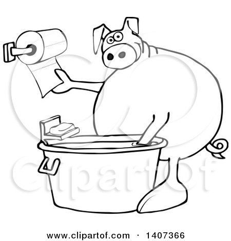 Clipart of a Cartoon Black and White Lineart Pig Washing His Hands in a Tub and Reaching for Paper Towels - Royalty Free Vector Illustration by djart