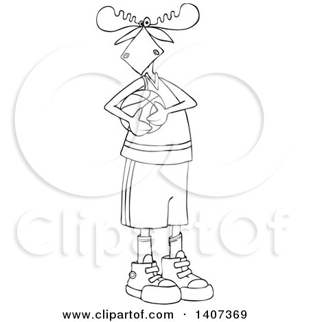 Clipart of a Cartoon Black and White Moose Basketball Player Holding a Ball - Royalty Free Vector Illustration by djart