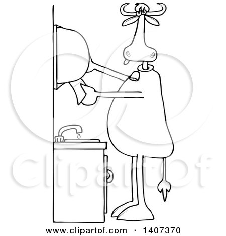 Clipart of a Cartoon Black and White Lineart Cow Grabbing Paper Towels After Washing His Hands - Royalty Free Vector Illustration by djart